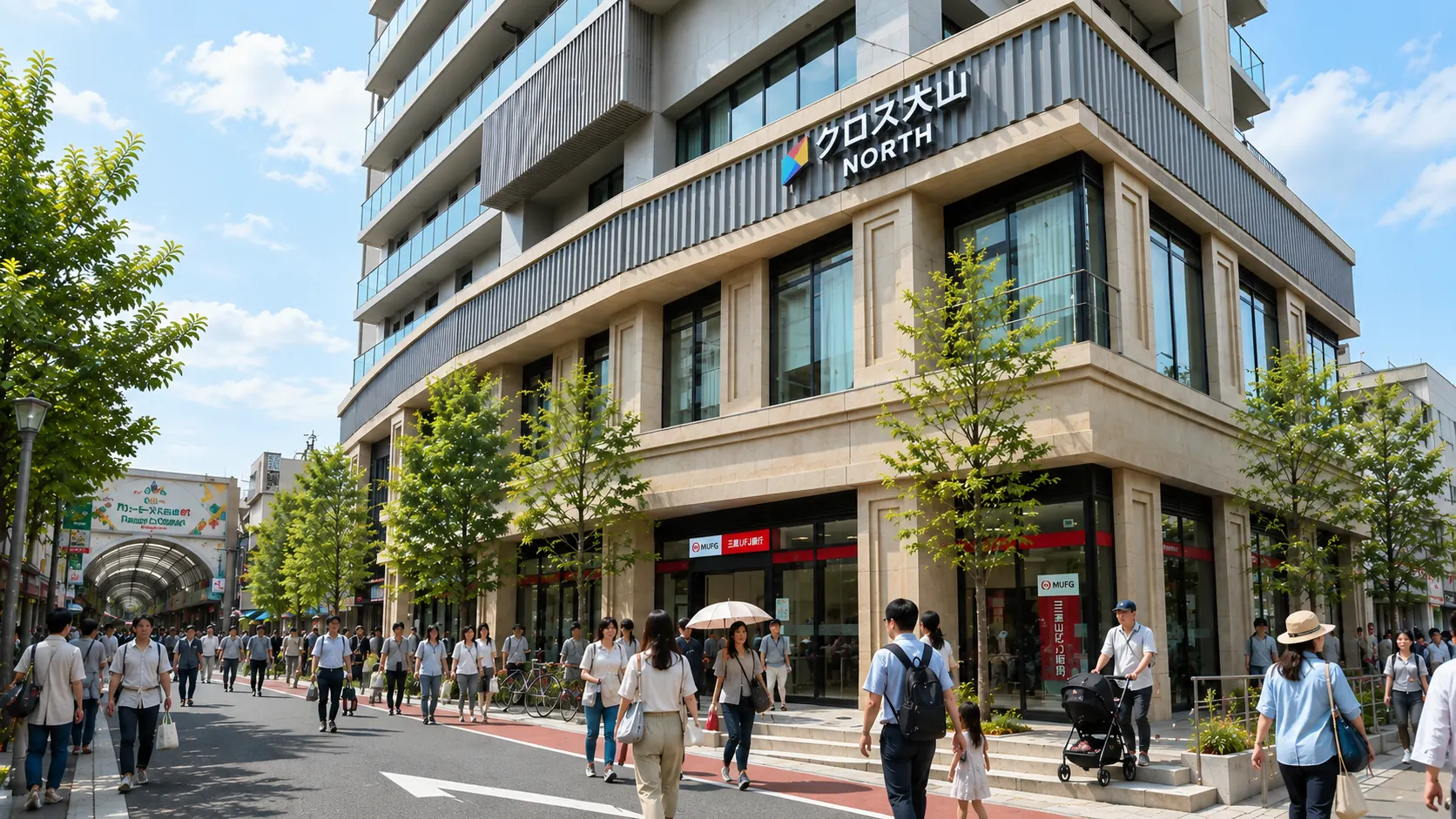 クロス大山の外観とハッピーロード大山商店街の街並み