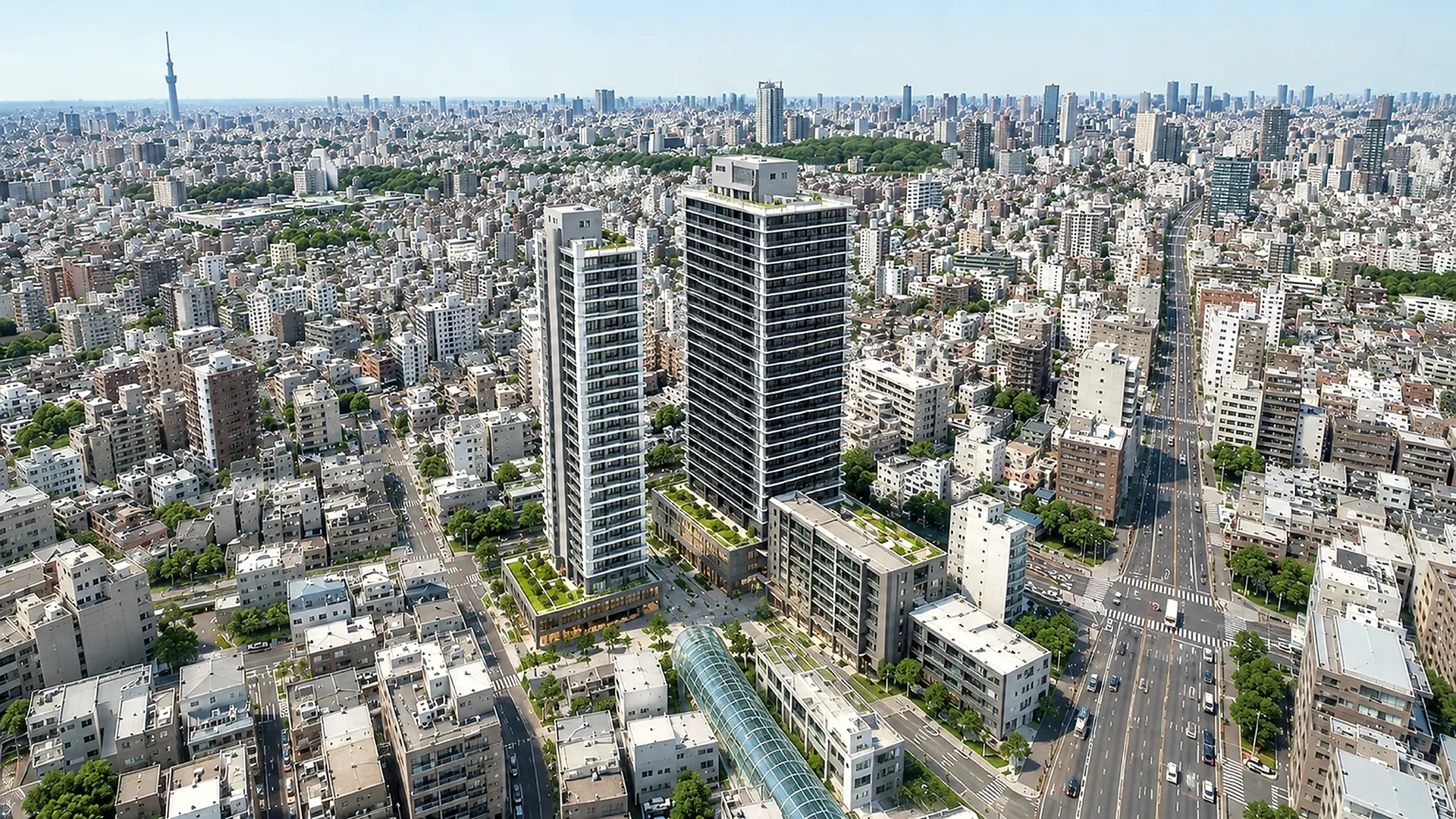 再開発が進む大山駅前エリアとシティータワーズ板橋大山の空撮イメージ